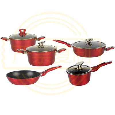 China Sustainable Hot Cooking Pots 9 Pcs Cookware Set Forged Aluminum Kitchenware Stick Casserole Sauce Pan With Glass Lid Non for sale