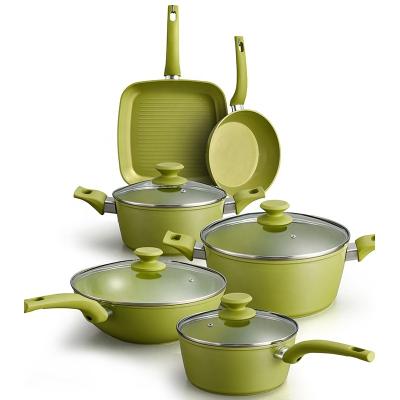 China Kitchen Viable Bestseller Utensils Green 13 Pieces Forged Camping Marble Ceramic Aluminum Cookware Non Stick Granite Pan Set for sale