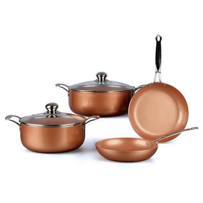 China Viable Wholesale Lucky German Copper Nonstick Cookware Set Stainless Steel Handles Induction Pots and Pans Sets for sale