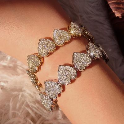 China Hiphop Hip Hop Iced Out Bling CZ Diamond Zircon Heart Shape Group Tennis Chain Bracelet Bracelet For Women 5A for sale