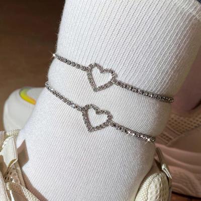 China Trendy Love Heart Silver Color Bling Women Anklet Bracelet Hiphop Dangling Girls Love Heart Anklet Barefoot Body Jewelry for sale