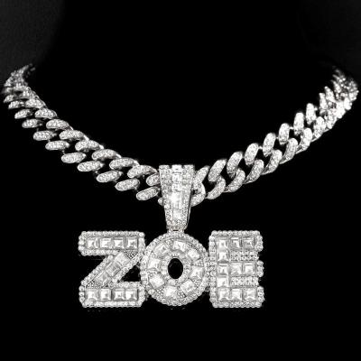 China TRENDY Iced Out Hip Hop Square Rhinestone Letter Necklace For Women Men Cuban Steel Chain Letter Pendant Necklace for sale