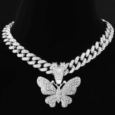 China Hiphop Silver Gold Chain Hiphop Cuban Necklace Iced Out Chain With Crystal Butterfly Pendant Necklace Men's Pendant Jewelry for sale