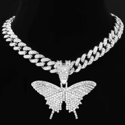 China Trendy Mens Stainless Steel Butterfly Charm Cuban Chain Necklace Hip Hop Crystal Butterfly Necklace For Female for sale