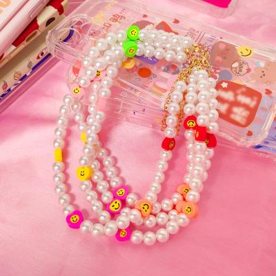 China Fashionable High Quality Freshwater Evil Eyes Pearl Chain Necklace For Women Clay Smiley Face Necklace Rainbow Color for sale