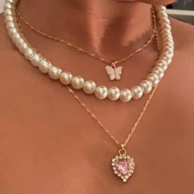 China FASHIONABLE Natural Layered Love Quartz Freshwater Pearl Necklace Pendant Pink Heart Butterfly Beads Necklace For Women for sale