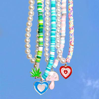 China TRENDY Single Layer Imitation Pearl Clay Green Maple Leaf Mushroom Love Heart Pendant Necklace for sale