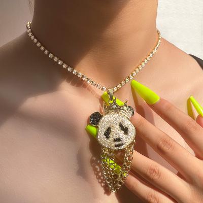 China Beautiful FASHIONABLE Cute Shining Full Crystal Pave Animal Tassel Charm Necklace for Girls Crown Panda Necklace for sale