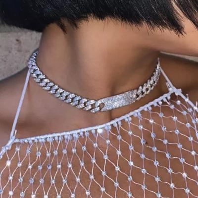 China Outlet TRENDY Iced Out Rose Gold Plated Cuban Chain Necklace For Women Full Rhinestone Pave Tennis Choker Necklace for sale