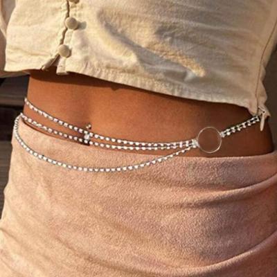 China Sexy Layered Tasty Bling Gold Silver Plated Women Tiny Crystal Ring Body Chain Sexy Diamond Beads Waist Chain For for sale