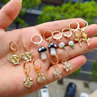 China Creative Angel Rose Flower Gold Plated Hoop Cartoon Mushroom Pearl Korean Sweet Trendy Drop Earring Set For Women Jewelry for sale