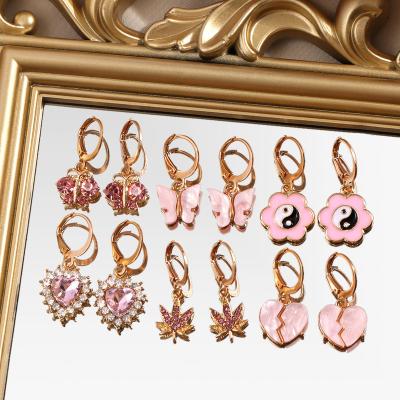 China Trendy Cute Ying Yang Drop Earring Set Bling Flower Drip Flower Alloy Fashion Jewelry Women Pink Rhinestones Leaf Heart Butterfly Circle Earrings for sale