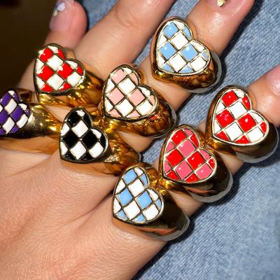 China Fashion Wholesale High Quality Cheap Jewelry Trendy Y2k Gold Plated Love Heart Enamel Chunky Rings For Couple Friends for sale