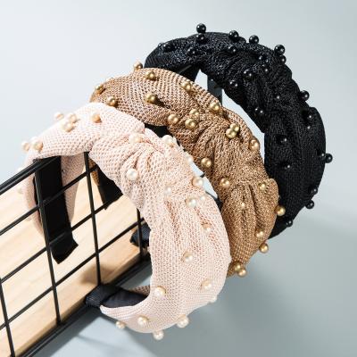 China Fashion Pearl Velvet Bow Headband Pearl Hairband Mesh Headband Female Head Buckle for sale