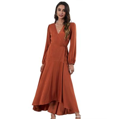 China 2021 Anti-static Fashionable Women Full-rimmed Dress V-neck Irregular Designed Long Dress For Autumn And Winter for sale