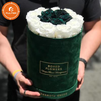 China Cylinder Green Suede Handmade Luxury Hat Flower Box With Velvet Flower Hot Stamping Personalized Box for sale