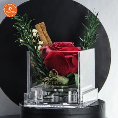 China Gift Packaging Mini Preserved Rose Clear Acrylic Storage Box With Logo Custom Transparent Acrylic Flower Box Square for sale