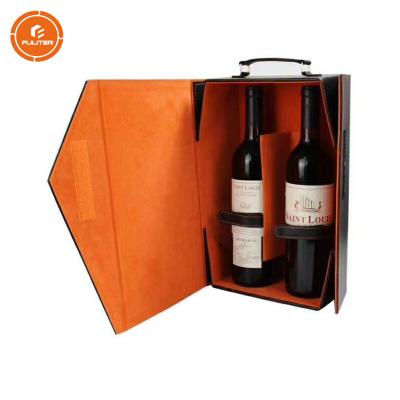 China Handmade Custom Luxury PU Wine Gift Box 2 Leather Bottles Folding Leather Wine Box for sale