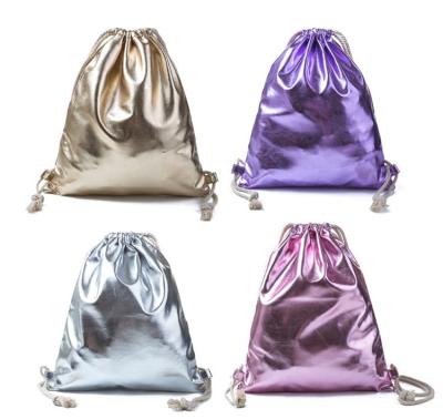 China Luminous Holographic Drawstring Bag Backpack Silver Laser Hologram PU Shoulder Travel Sneaker Bag for sale