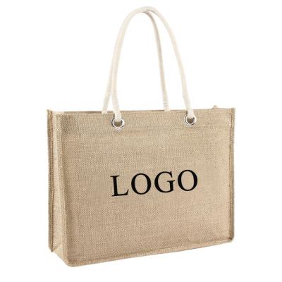 China Eco-friendly Natural Burlap Bags With Handles Jute Tote Carrier Bag Custom Logo Shopping Jute Sack Packaging for sale