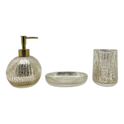 China Three-Piece Ribbed Glass Bathroom Set Mercury Gold Pumpkin Shape for sale