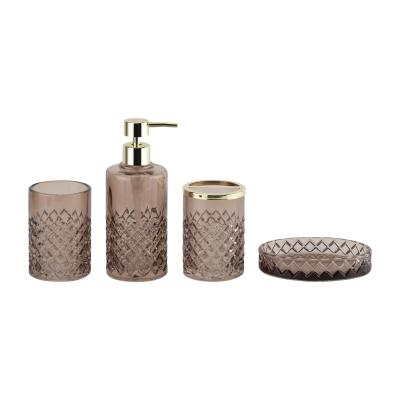 China Round Shape Glass Bath Accessories Set Brown Color Golden Pump Head for sale