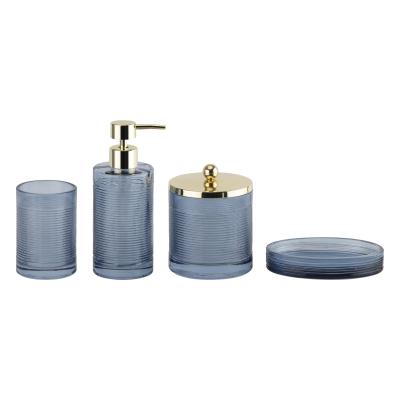 China Blue Glass Modern Bathroom Accessories Set 4pcs Golden Pump Head Dispenser With Circle Line for sale