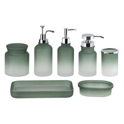 China Green Glass Bathroom Accessories Set Acid Wash ABS Pump Head Bathroom Counter Tray for sale