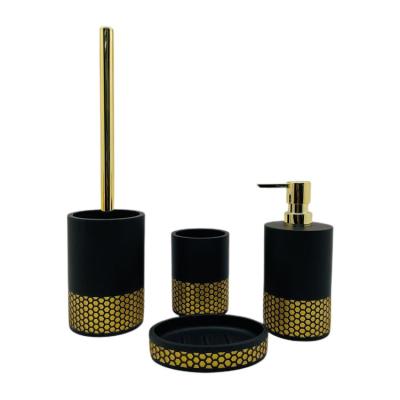 China Luxury Polyresin Bathroom Accessories Sand Stone Black Color With Gold Band for sale