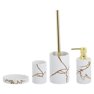 China Golden Foil Hand Painted Polyresin Bathroom Accessories Set In white Sand for sale