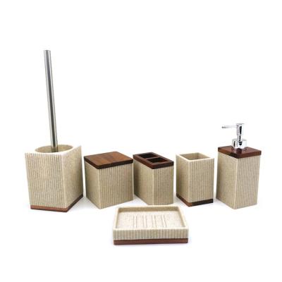 China ribbed Sand stone Polyresin Bathroom Accessories Set with wooden parts for sale