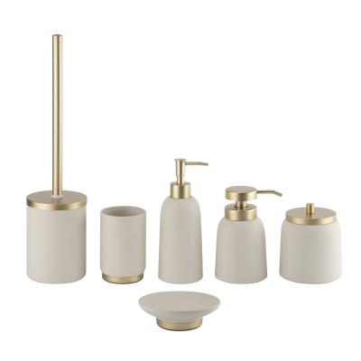 China Cream Ceramic Bath Accessories Sets 6pcs Shower Dispenser With Gold Parts for sale