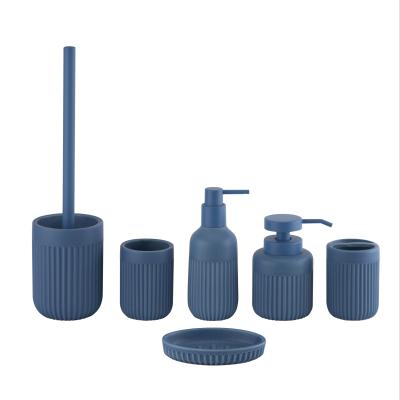 China Blauw keramische badkamer accessoires set ronde vorm verticale streep badkamer countertop accessoires Te koop