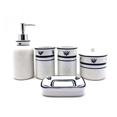 China 7.6X19.5CM Ceramic Bathroom Accessories Set Blue Decal Print White Ceramic Soap Dispenser for sale