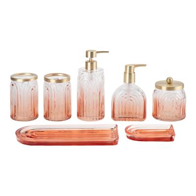 China PERFIL 7pcs accesorios de baño de vidrio encimera redonda con línea circular Ombre naranja con piezas de oro Mat Bomba de jabón en venta