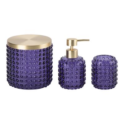 China 3pcs Accesorios de baño de vidrio conjunto de azul oscuro con parte dorada redonda de forma de grandes puntos en venta