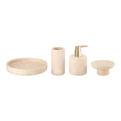 China 4PCS Luxury Nature Marble Bathroom Accessories Set Round Gold Color Lotion Pump Tumbler en venta