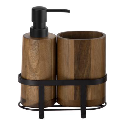 China Brown 2pcs Bath Kit Wooden Soap Dispenser With Black ABS Pump Oval Toothbrush Holder Black Metal Rack Wooden Texture Te koop