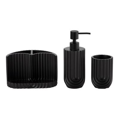 China 3pcs sand stone bath Kit round shape swirl stripe lotion dispenser black ABS pump tumbler toothbrush tray for sale