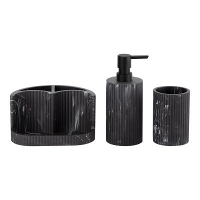 China Black Marble Print Polyresin Bathroom Accessories Set Ribbed Vertical Fringe Soap Dispenser Tumbler Accessories Tray for sale