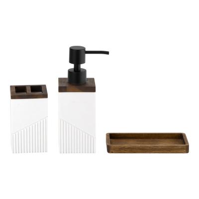 中国 White polyresin bathroom caddy wood part ribbed vertical stripe empty lotion pump bottle cleaning caddy sink caddy 販売のため