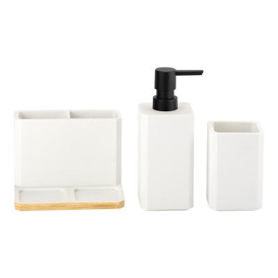 China White polyresin bathroom caddy wood printed base household item product manual soap dispenser for sale