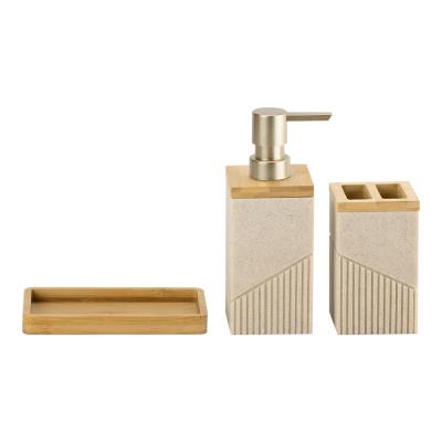 中国 Sand polyresin bathroom caddy wood part ribbed vertical stripe bathroom soap dispenser pump 販売のため