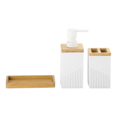 中国 3pcs White sand stone bathroom caddy wood part ribbed vertical stripe household items for bathroom 販売のため