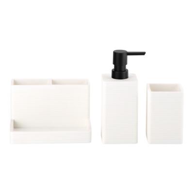 China 3pcs white sand stone bathroom set square shape circle line liquid soap dispenser pump lotion pump bottle for sale