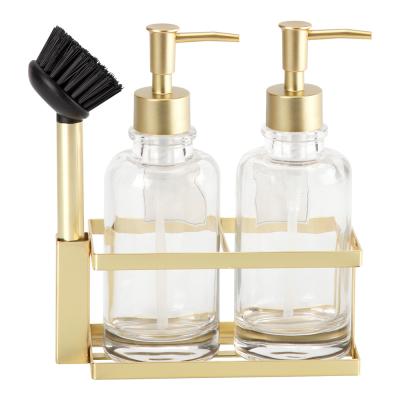 China Clear Twins Glass Soap Dispenser Vintage ABS Pump Head Metal Frame Stainless Steel Brush At Side Liquid Soap Dispensers for sale