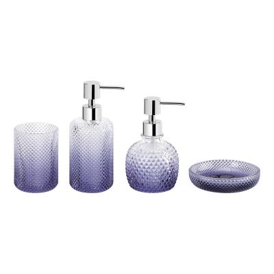 China Accesorios de baño de vidrio conjunto de lujo ombre azul redondo forma de diamante patrón de la bomba de loción botella de dos tamaños en venta