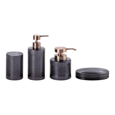 中国 Glass bathroom fittings accessories dark blue round shape circles line bronzed pump head lotion bottle 販売のため