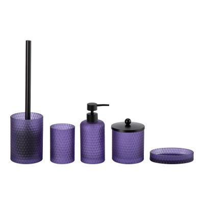 中国 5pcs Glass bathroom accessories set purple round shape with diamond pattern lotion pump bottle tumbler 販売のため