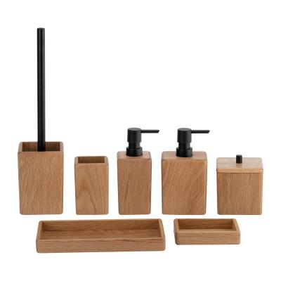 China Wood Bathroom Accessories Set Square And Rectangular Shape With Black Pump Head Soap Dish Soap Dispenser Tumbler for sale